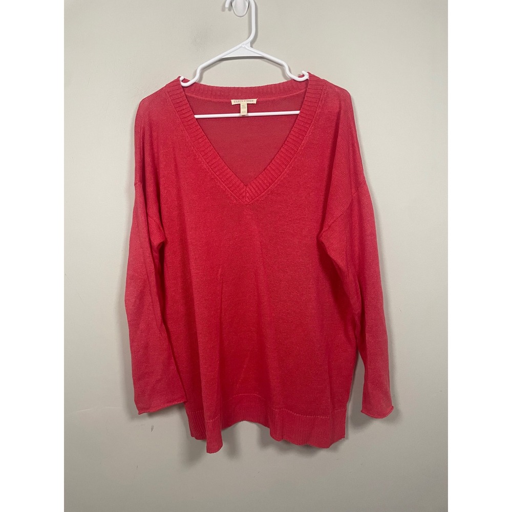 Eileen Fisher Organic Linen V-Neck Sweater in Coral Size Medium Quiet Luxury